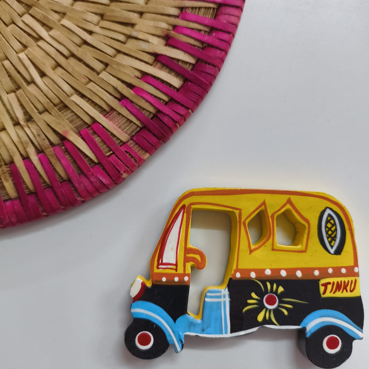Handpainted India Folk Magnet: Auto