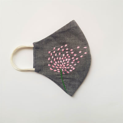 Hand Embroidered Cotton Mask - Grey