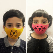 Set of 2, Mangalgiri Cotton Triple-layered Handpainted Mask for Kids – Bear & Cat