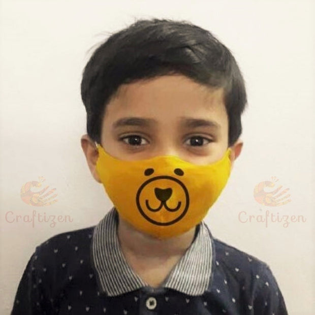 Set of 2, Mangalgiri Cotton Triple-layered Handpainted Mask for Kids – Bear & Cat
