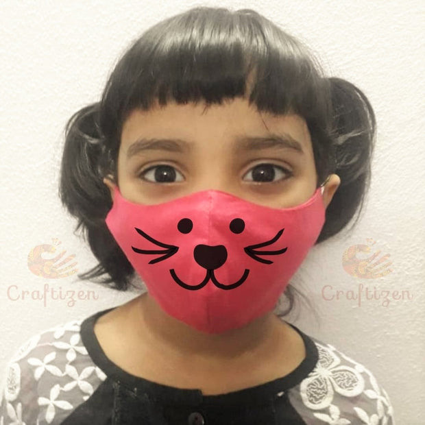 Mangalgiri Cotton Triple-layered Handpainted Mask for Kids - Cat