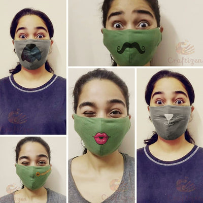 Set of 5, Mangalgiri Cotton Triple-Layered Handpainted Masks – Quirky