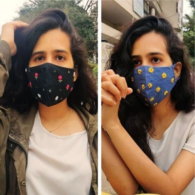 Set of 2, Hand Embroidered Cotton Masks- Flower Power Set