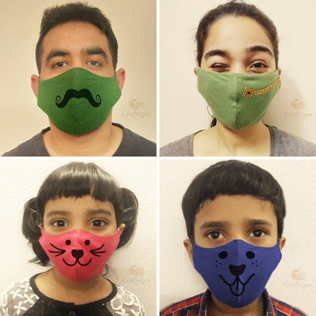 Set of 4, Mangalgiri Cotton Triple-layered Handpainted Masks for Family
