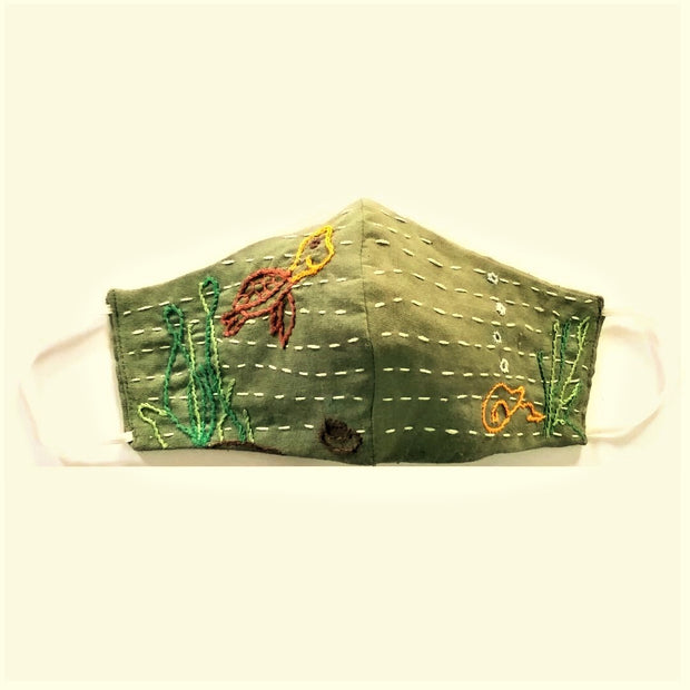Hand-Embroidered Reusable Ocean Themed Cotton Mask - Turtle
