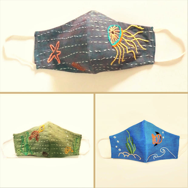 Set of 3, Hand-embroidered Reusable Ocean Themed Cotton Masks
