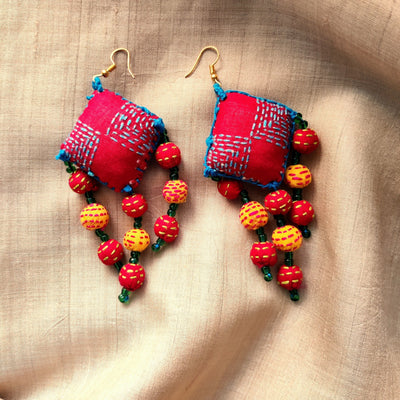 Kite With 3 String Beads Kantha Earrings